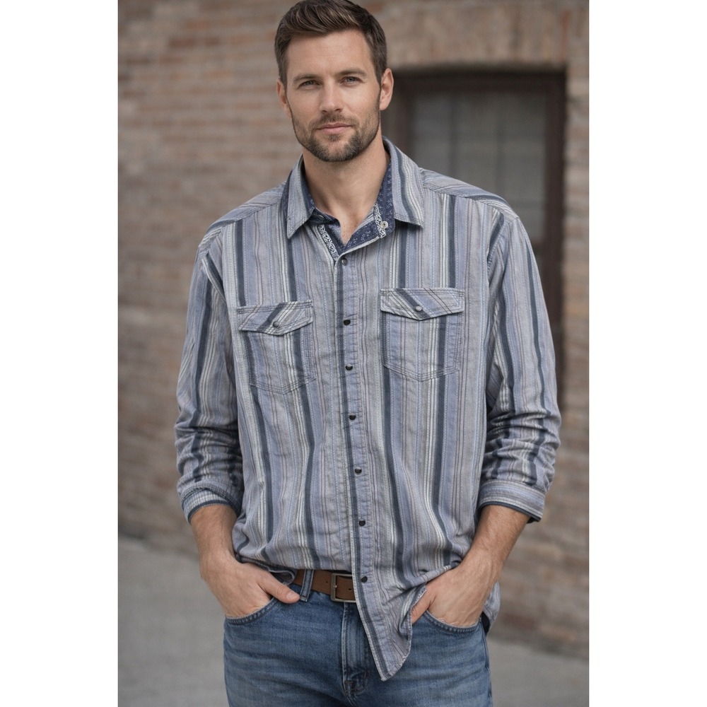 Pronto‎ Uomo Blue River Western Long Sleeve Striped Button Up Shirt Mens XLT